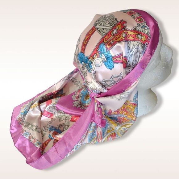 MOSI Scarf Medieval Pink Blue Grey Silky 36" Square - Picture 1 of 12